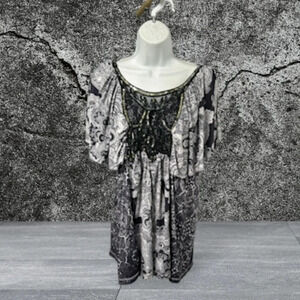 One World Bat Wing Bohemian Embellished Top Women’s Large‎ Lace Flutter Sleeve
